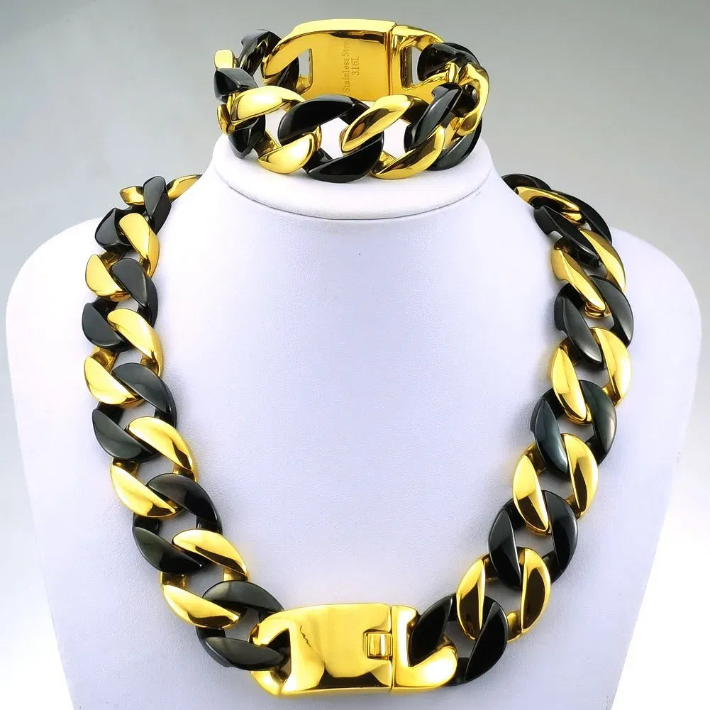 Length: 50cm, Main Stone Color: Black - 316L Stainless Steel  and Black Tone Curb 24mm Solid Heavy Long Necklace + Bracelet Jewelry