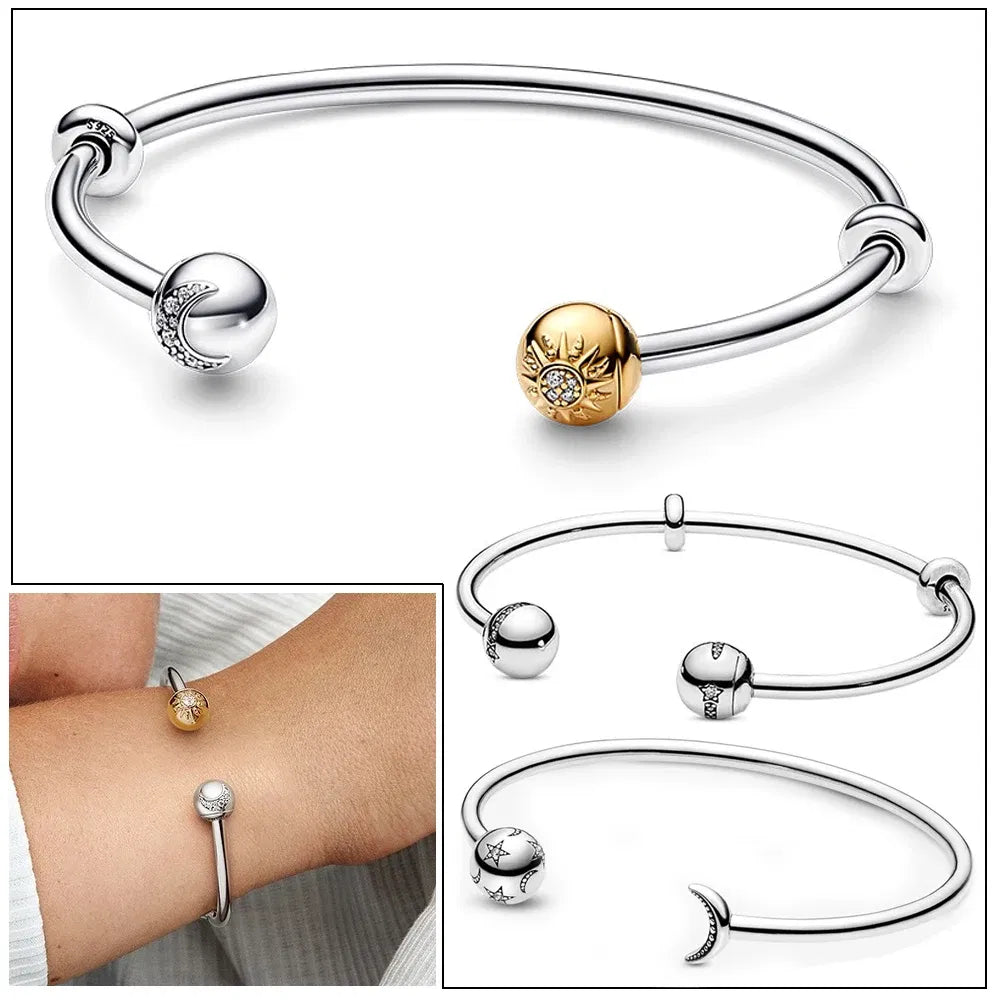 Gem Color: Black, Metal Color: Gold-color - Luxury 925 Sterling Silver Sun & Moon Open Bangle Women Cuff Bracelet For Gold DIY Charm Jewelry Set Accessories Gift Making