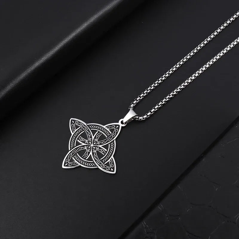 Metal Color: PURPLE - Stainless Steel Silver Color Pattern Witch Knot Pendant Necklace Celtic Knot Lucky Jewelry Gift for Friends Family