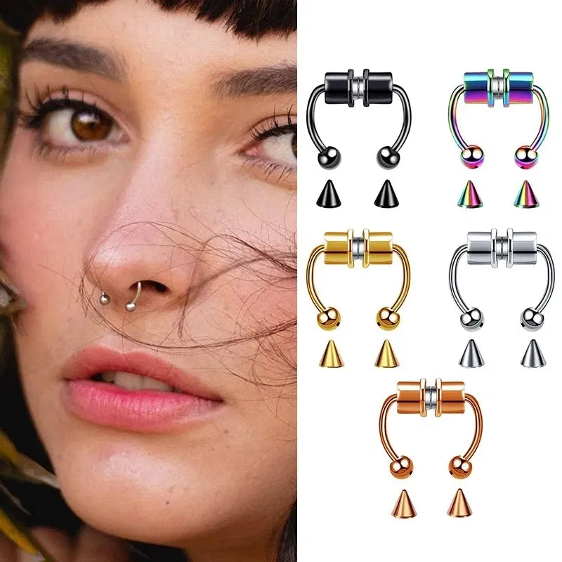 Metal color: Blue - Women Fake Piercing Nose Ring Hoop Septum Non Piercing Nose Clip Rock HipHoop Stainless Steel Magnet Fashion Punk Body Jewelry