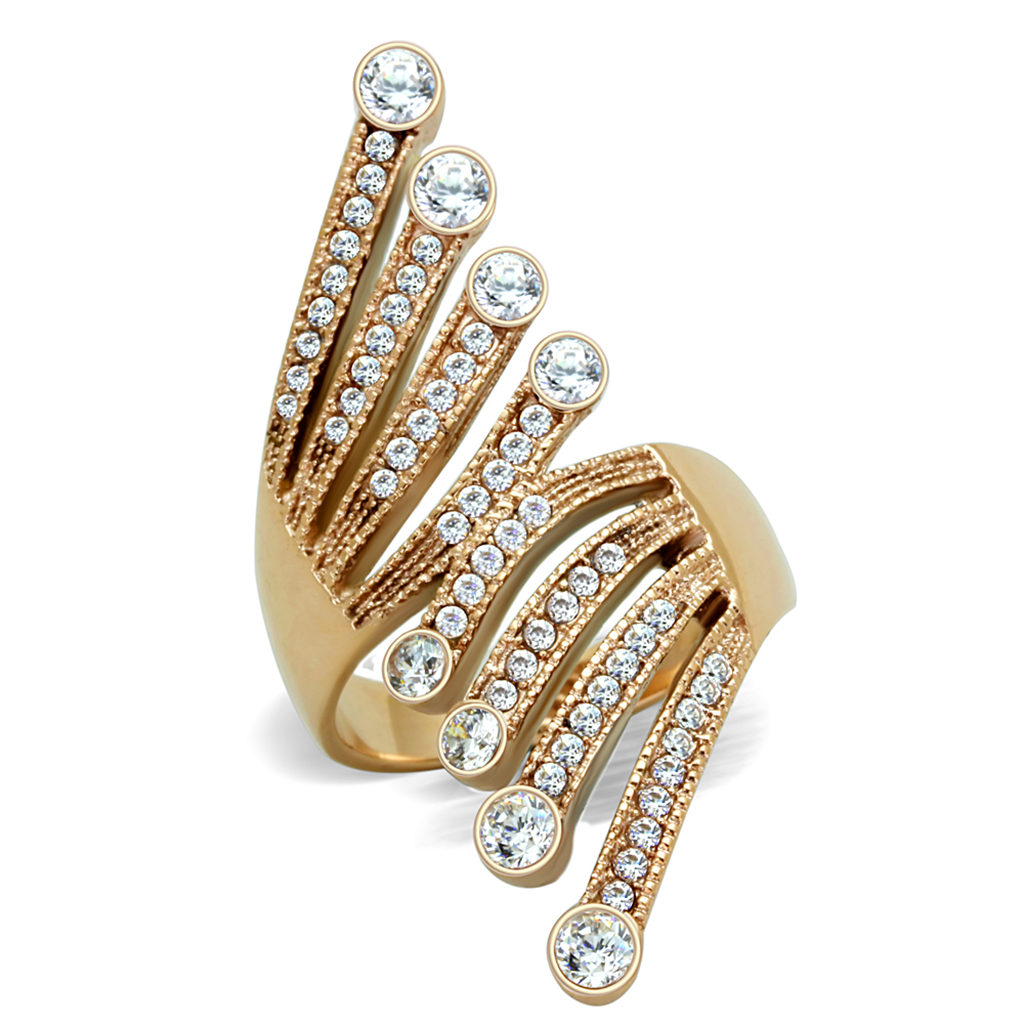 TK1631 - خاتم من الفولاذ المقاوم للصدأ مطلي أيونياً بذهب وردي (IP Rose Gold) ومرصع بزركونيا مكعبة من الدرجة AAA بلون شفاف