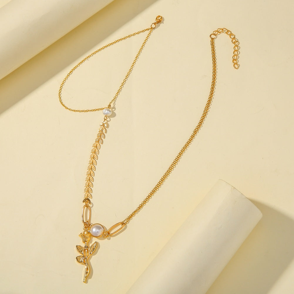 Fashion Rose Pendant Wheat Ear Chain Pearl