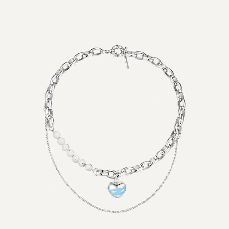 Dripping Oil White Turquoise Heart-shaped Necklace Stitching Clavicle Chain