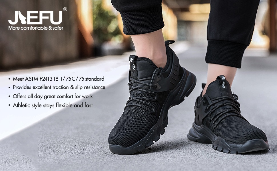 JIEFU Non Slip Shoes for Men Food Service Slip On Sneakers Men Steel Toe Shoes for Work Comfortable Construction Safety Footwear