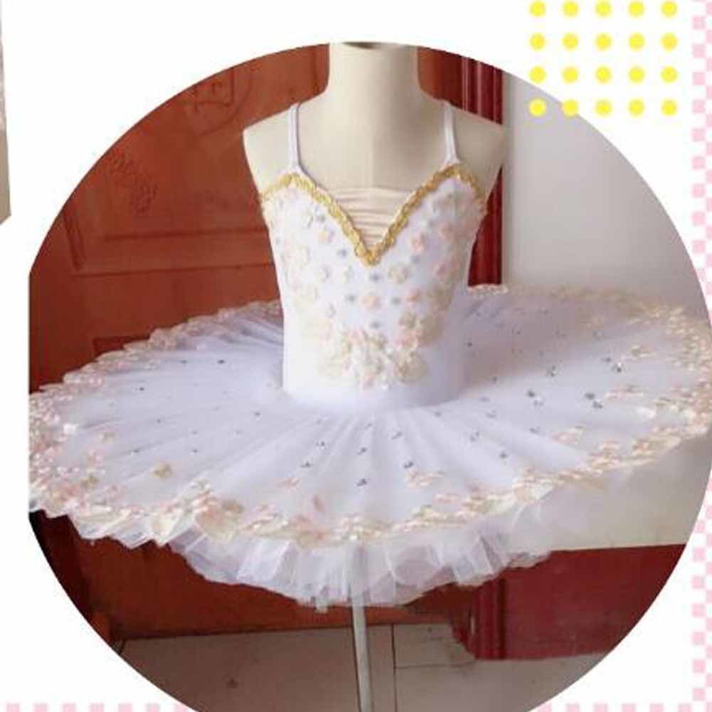 Girls Swan Ballet Dress Dance Tutu Short Dress Sleeveless Sequined Gold Leaves Princess Performance Costumes, White