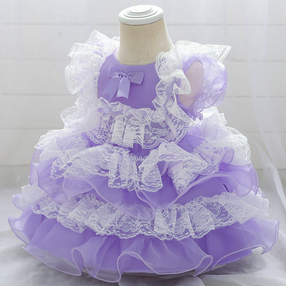 Girls Puffy Princess Dress Casual Lace Bowknot Mesh Tulle Chiffon Skirt Baby Full Moon Christening Summer Birthday Party Wedding