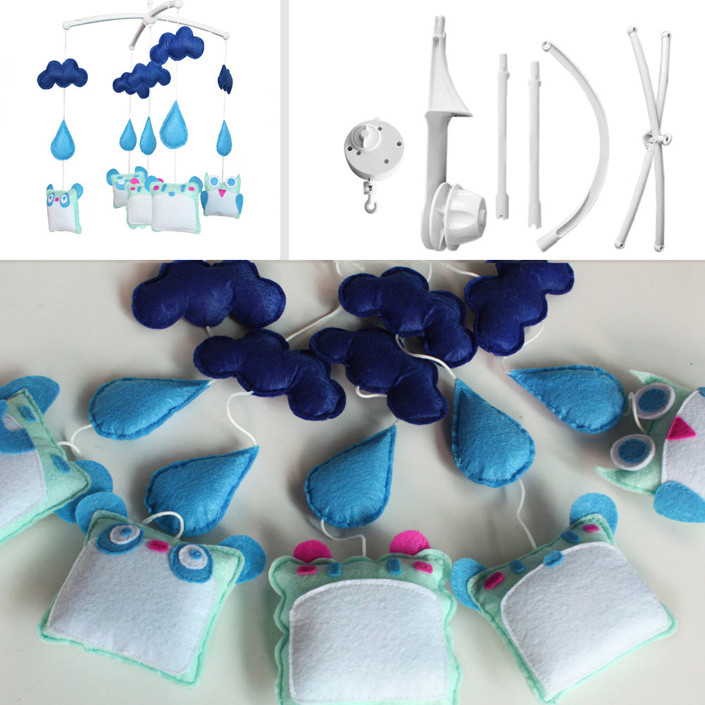 (Copy) Blue Owl Panda Bear Raindrops Handmade Baby Musical Crib Mobile Boys Girls Nursery Mobile Hanging Toy