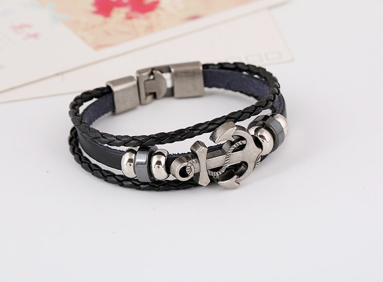 Vintage Cowhide Men's Hot-selling Popular Metal Anchor Leather Bracelet