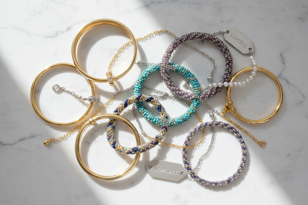 Collection of beaded bracelets on a marble surface