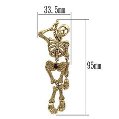 Gold skeleton pendant with measurements on a white background