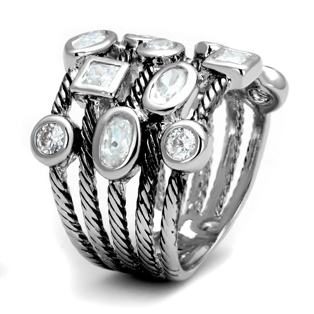LO4083 - Rhodium Brass Ring with AAA Grade CZ  in Clear