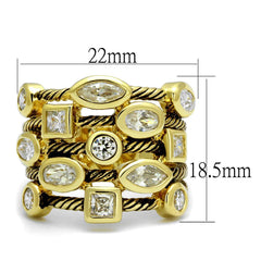 Gold ring with gemstones and measurements on a white background