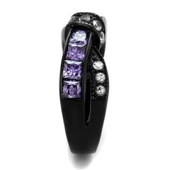 TK2140 - خاتم من الفولاذ المقاوم للصدأ مطلي أيونيًا باللون الأسود ومرصّع بزركونيا مكعبة درجة AAA بلون الجمشت