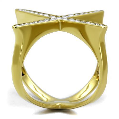 TK2497 - خاتم ستانلس ستيل مطلي بالذهب بتقنية أيون بلايتنج (Ion Plating) مع كريستال عالي الجودة باللون الشفاف
