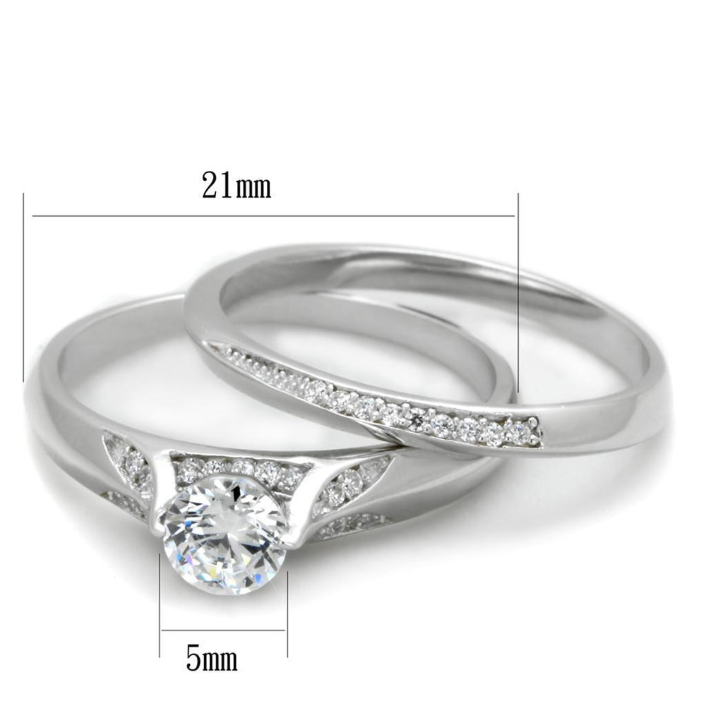 Silver ring with diamond and measurement details on a white background